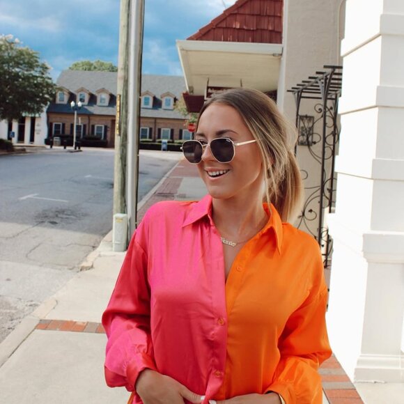 Strut & Bolt Multicolor Orange and Hot Pink Button Up Colorblock Satin Blouse - Picture 1 of 9